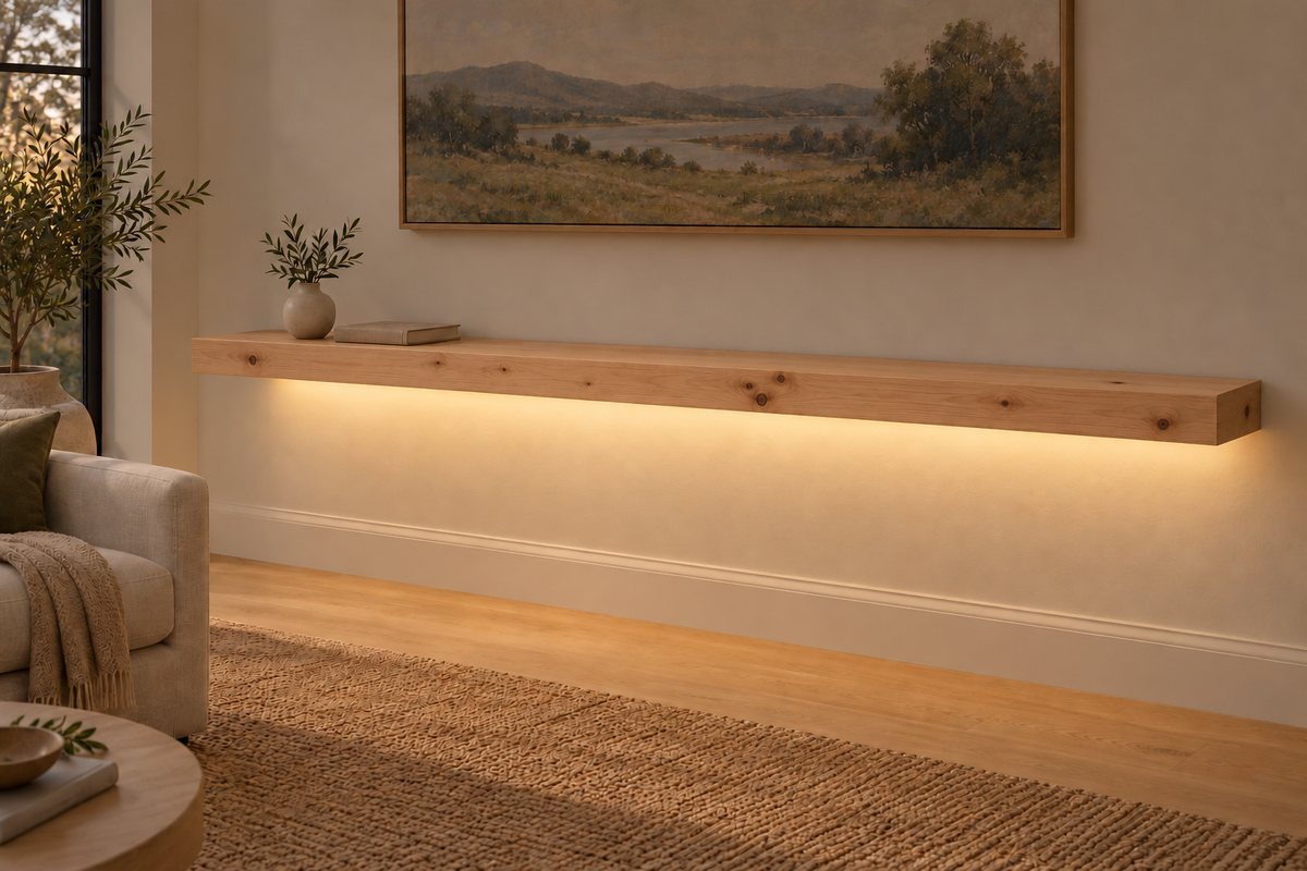 Gentry Stinson Knotty Alder Floating Shelf | 84″ × 10″ × 3″ | Standard Mount | Unfinished | LED Light Ready — Bottom Rear lighting view; LED tape and electrical components supplied separately