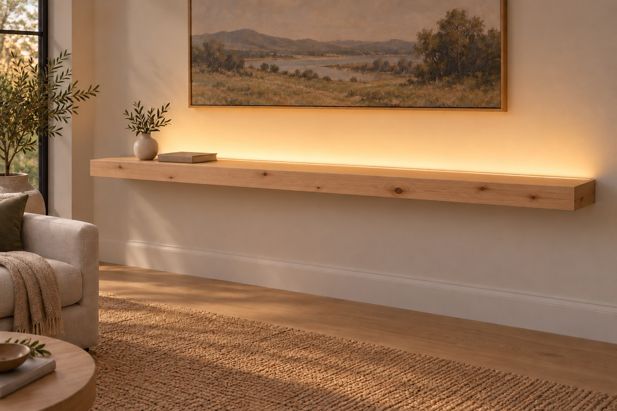 Gentry Stinson Knotty Alder Floating Shelf | 84″ × 10″ × 3″ | Standard Mount | Unfinished | LED Light Ready — Top Rear lighting view; LED tape and electrical components supplied separately
