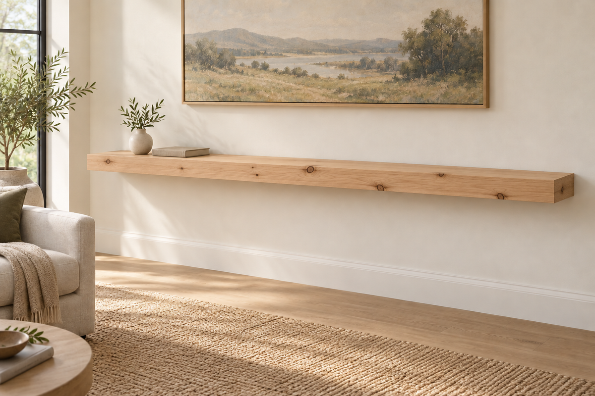Gentry Stinson Knotty Alder Floating Shelf | 84″ × 10″ × 3″ | Standard Mount | Unfinished — unlit living-room rendering