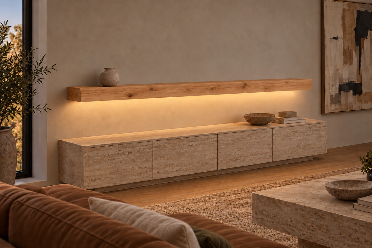 Gentry Stinson Knotty Alder Floating Shelf | 84″ × 8″ × 4″ | Standard Mount | Unfinished | LED Light Ready — Bottom Front room view; LED tape and electrical components supplied separately