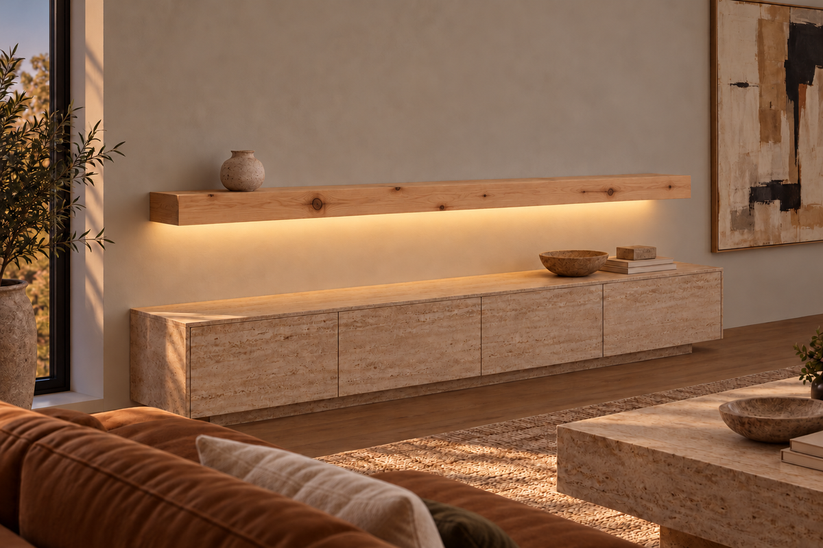 Gentry Stinson Knotty Alder Floating Shelf | 84″ × 8″ × 4″ | Standard Mount | Unfinished | LED Light Ready — Bottom Rear room view; LED tape and electrical components supplied separately