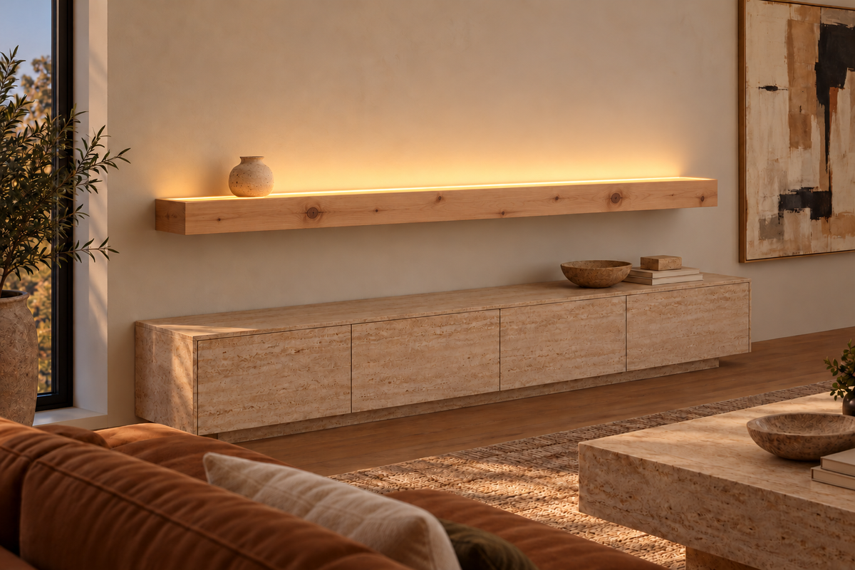 Gentry Stinson Knotty Alder Floating Shelf | 84″ × 8″ × 4″ | Standard Mount | Unfinished | LED Light Ready — Top Front room view; LED tape and electrical components supplied separately