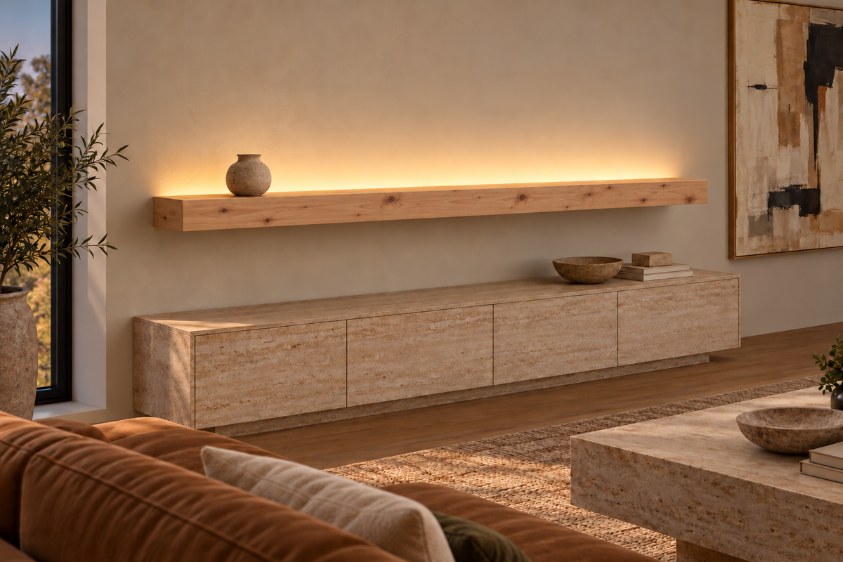 Gentry Stinson Knotty Alder Floating Shelf | 84″ × 8″ × 4″ | Standard Mount | Unfinished | LED Light Ready — Top Rear room view; LED tape and electrical components supplied separately