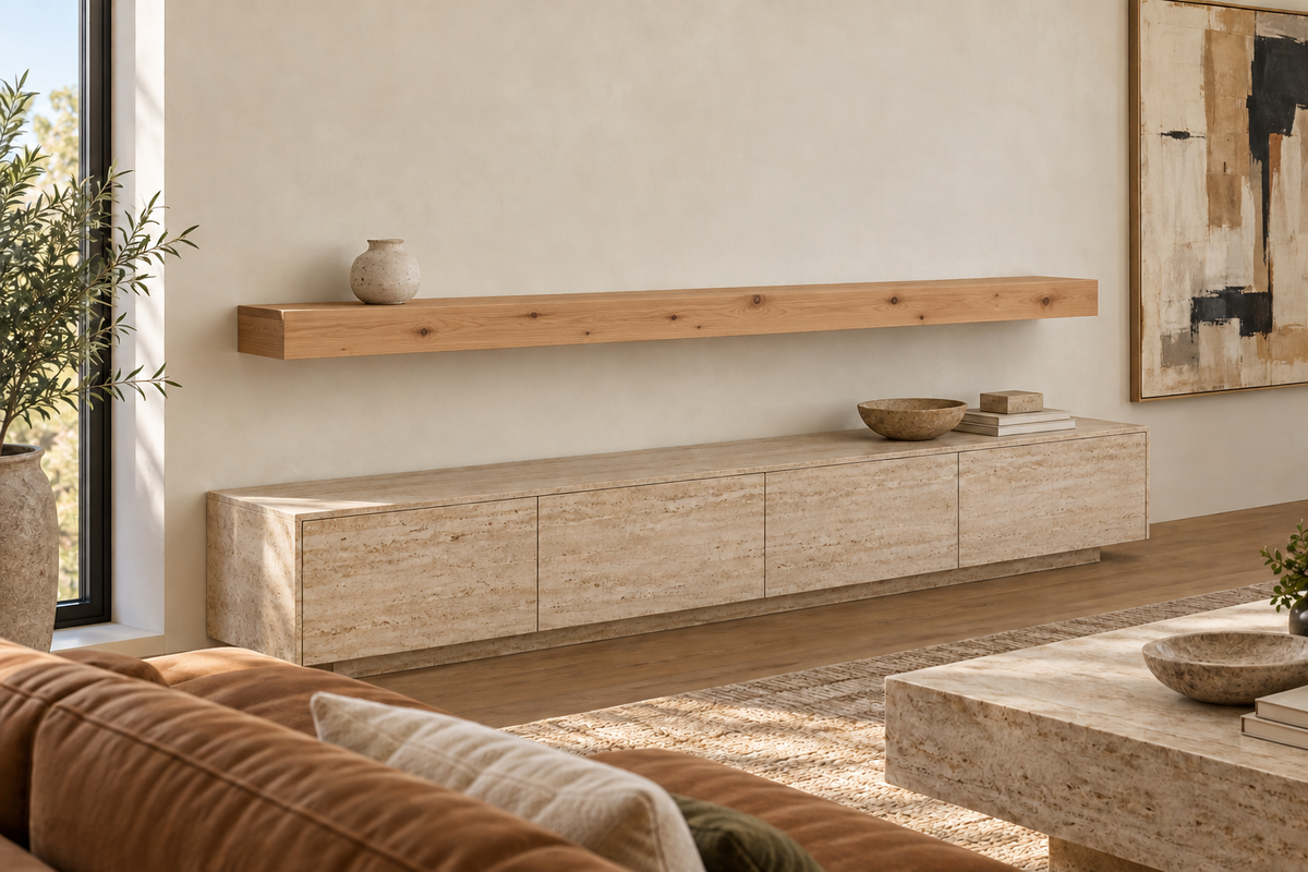 Gentry Stinson Knotty Alder Floating Shelf | 84″ × 8″ × 4″ | Standard Mount | Unfinished — unlit living-room rendering