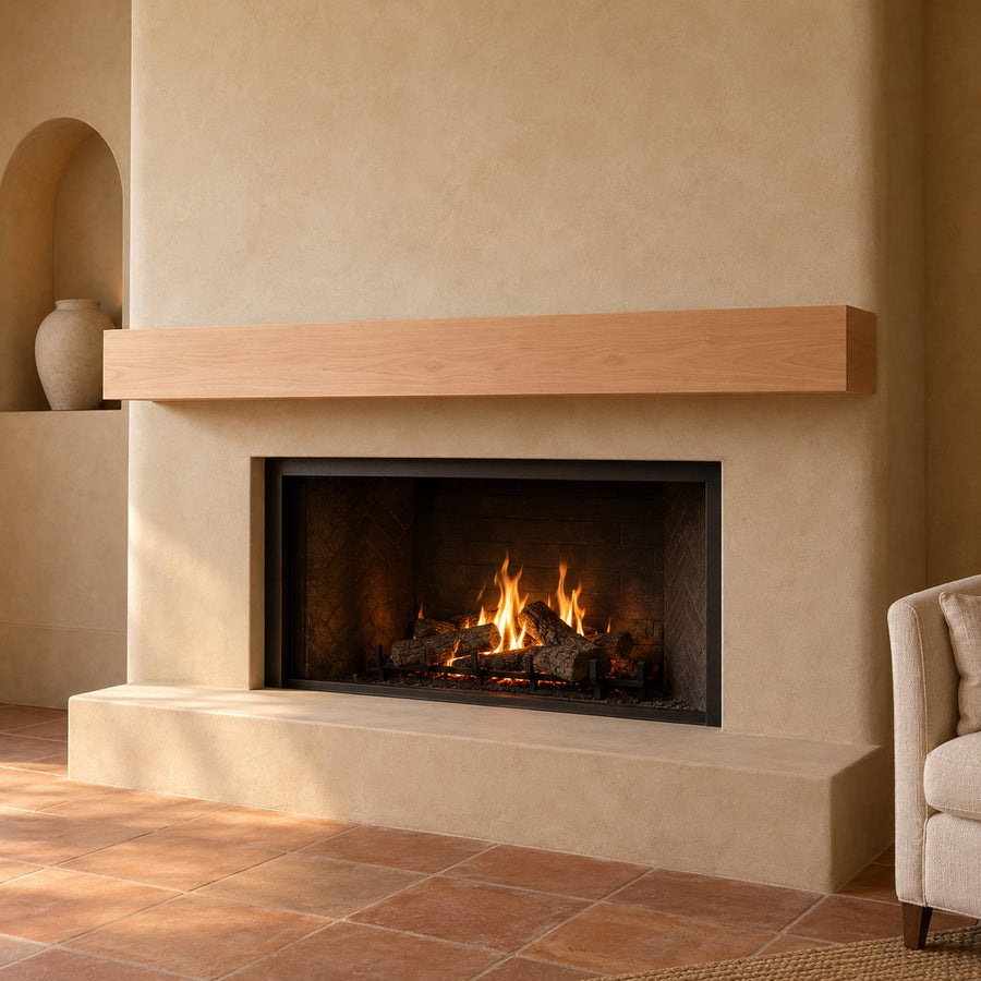 Clear Alder fireplace mantel with Unfinished / Stain Ready in a distinct architectural setting — illustrative species and finish preview.