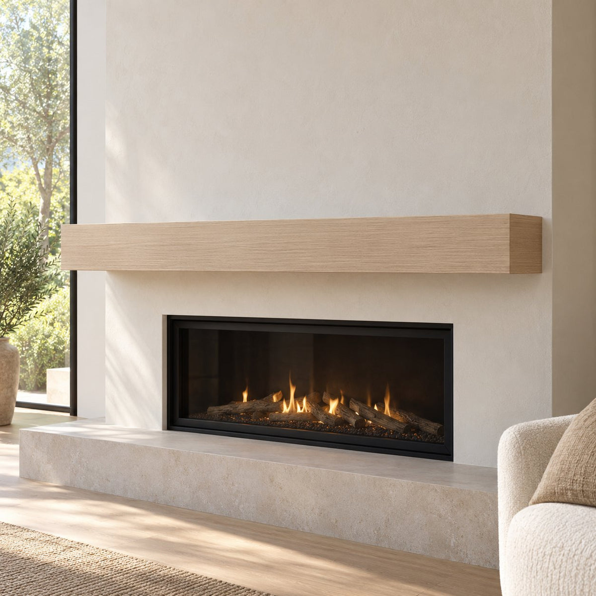 Rift White Oak fireplace mantel with Unfinished / Stain Ready in a distinct architectural setting — illustrative species and finish preview.