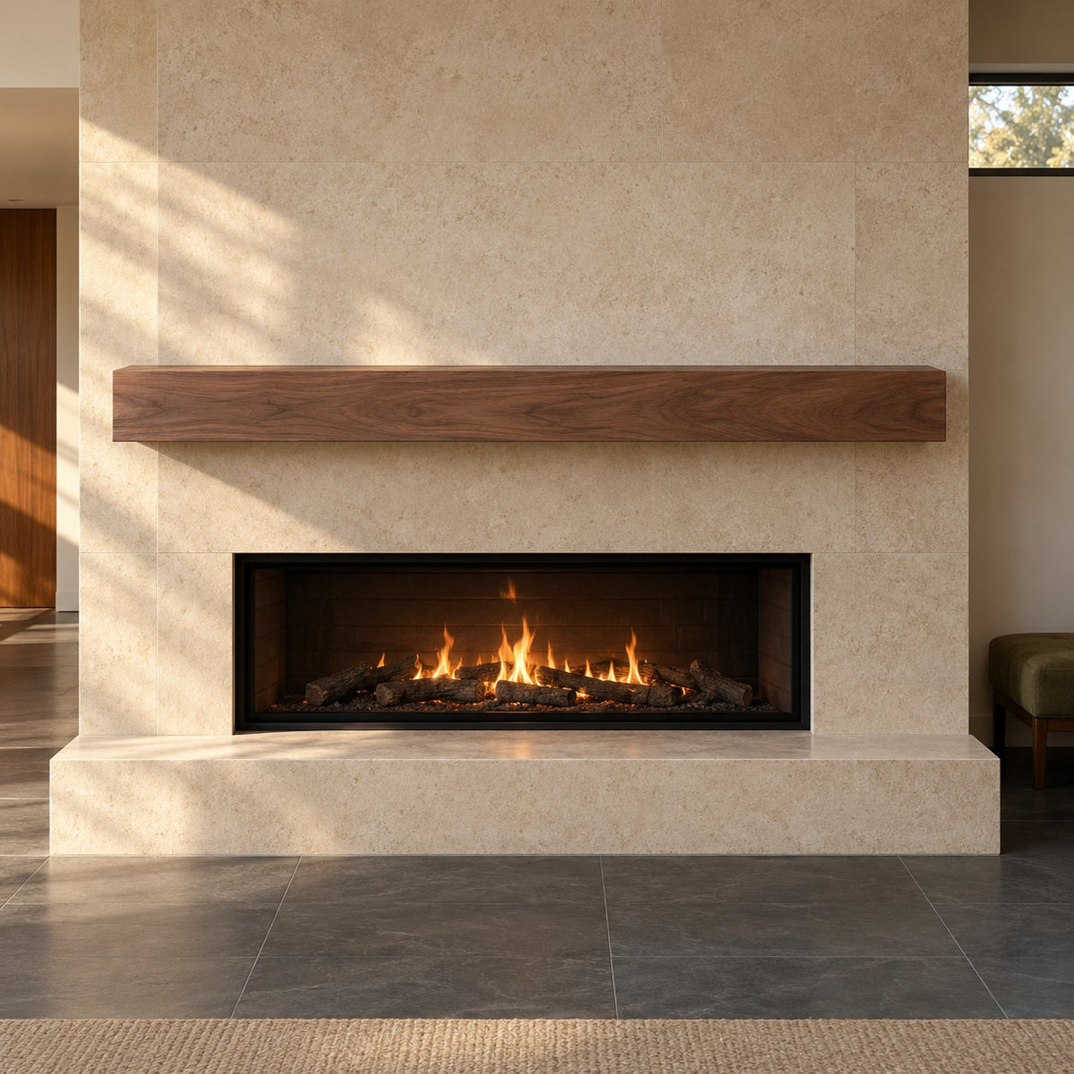 Walnut fireplace mantel with Unfinished / Stain Ready in a distinct architectural setting — illustrative species and finish preview.