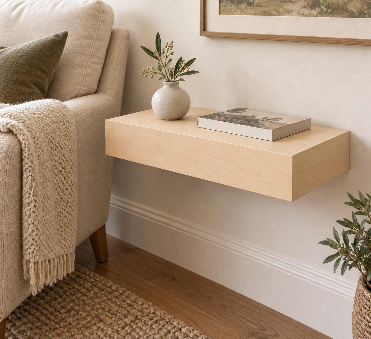 18-inch long, 3-inch thick natural maple floating shelf, standard mount, unlit, in a living room