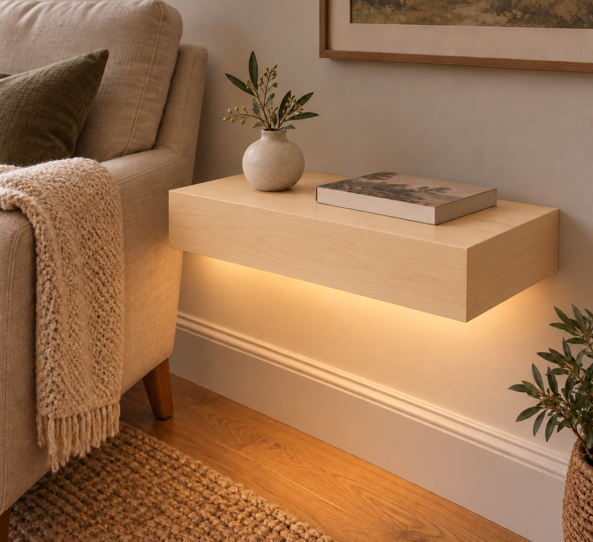 18-inch long, 3-inch thick natural maple floating shelf, standard mount, bottom front LED channel