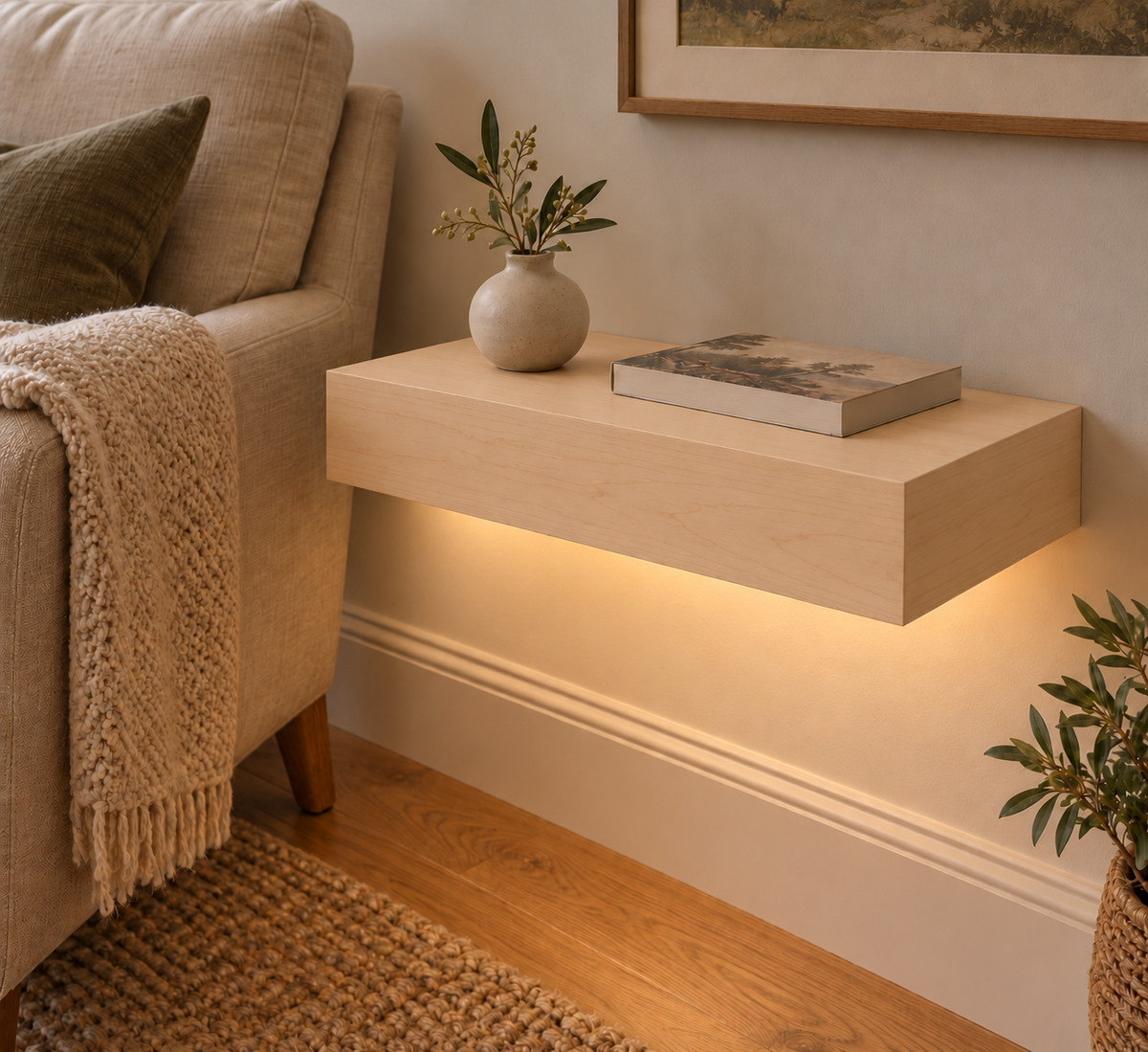 18-inch long, 3-inch thick natural maple floating shelf, standard mount, bottom rear LED channel