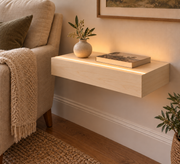 18-inch long, 3-inch thick natural maple floating shelf, standard mount, top front LED channel