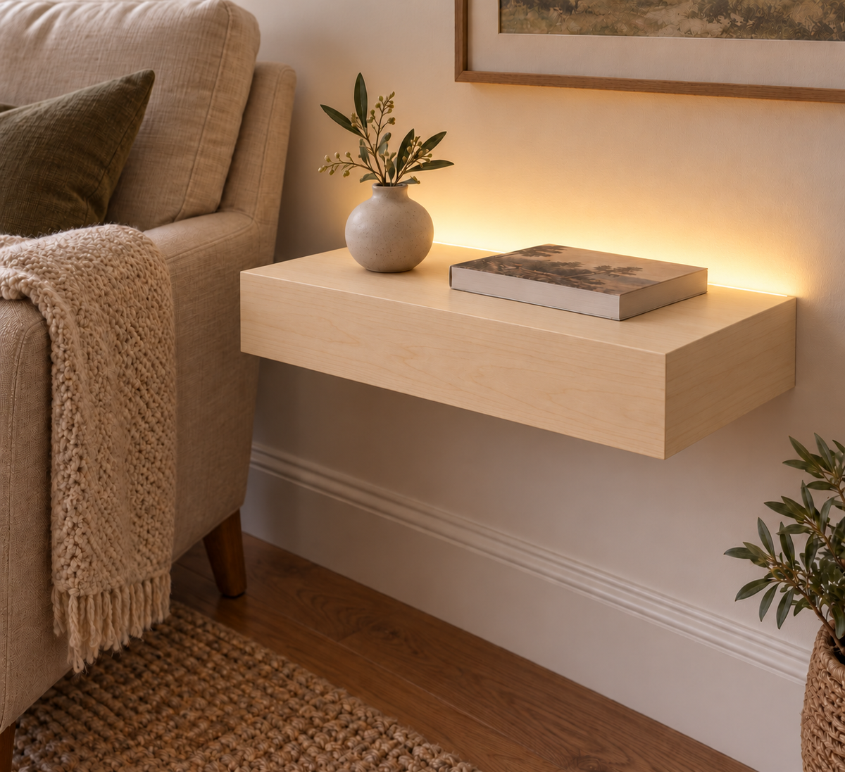 18-inch long, 3-inch thick natural maple floating shelf, standard mount, top rear LED channel