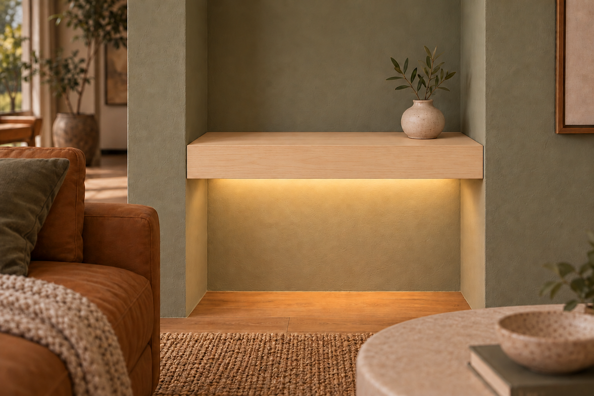 18-inch long, 3-inch thick natural maple floating shelf, wall-to-wall mount, bottom front LED channel