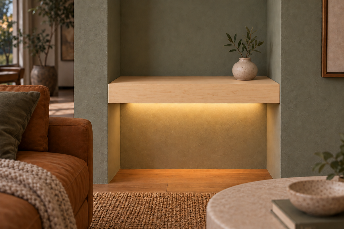 18-inch long, 3-inch thick natural maple floating shelf, wall-to-wall mount, bottom rear LED channel