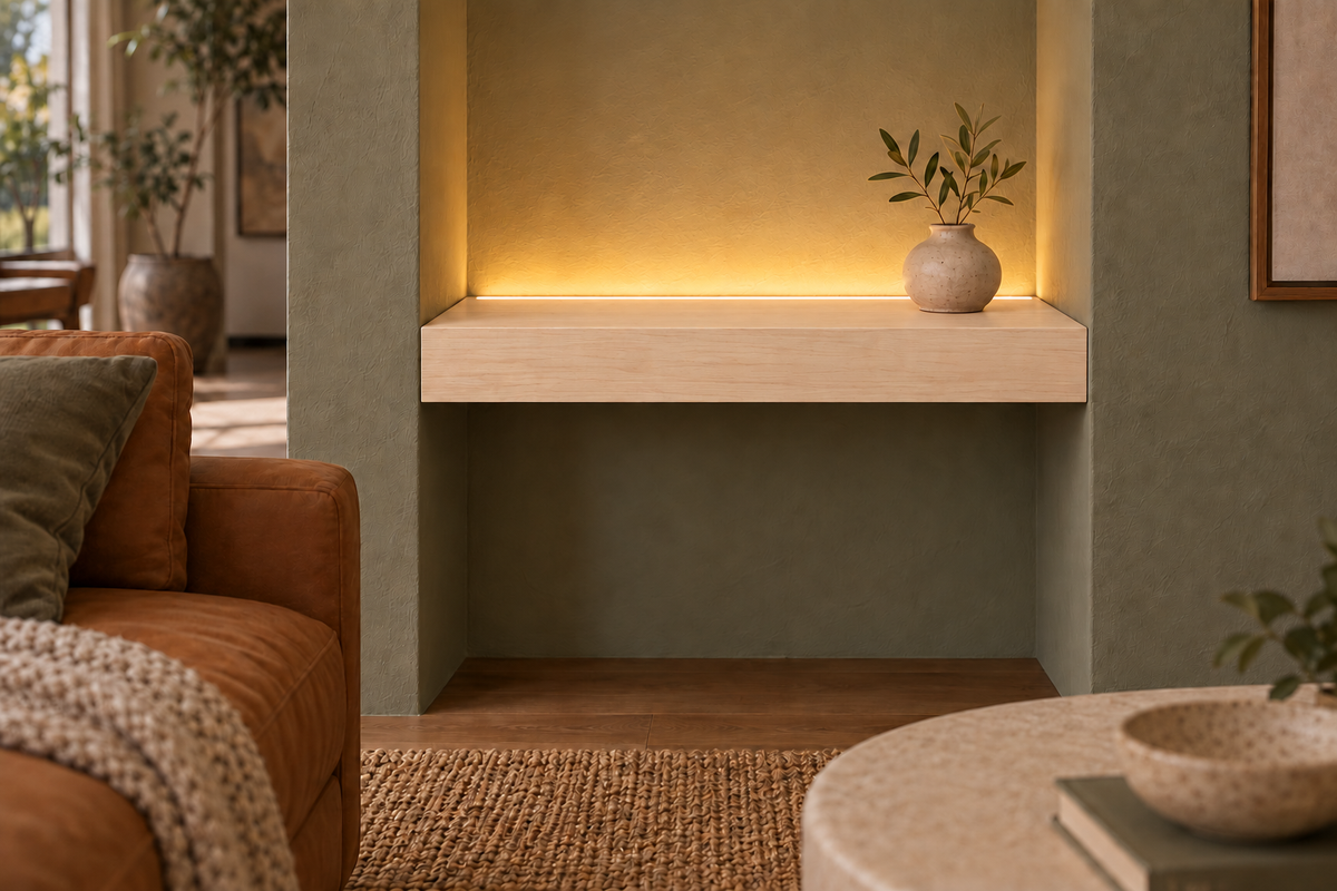 18-inch long, 3-inch thick natural maple floating shelf, wall-to-wall mount, top rear LED channel