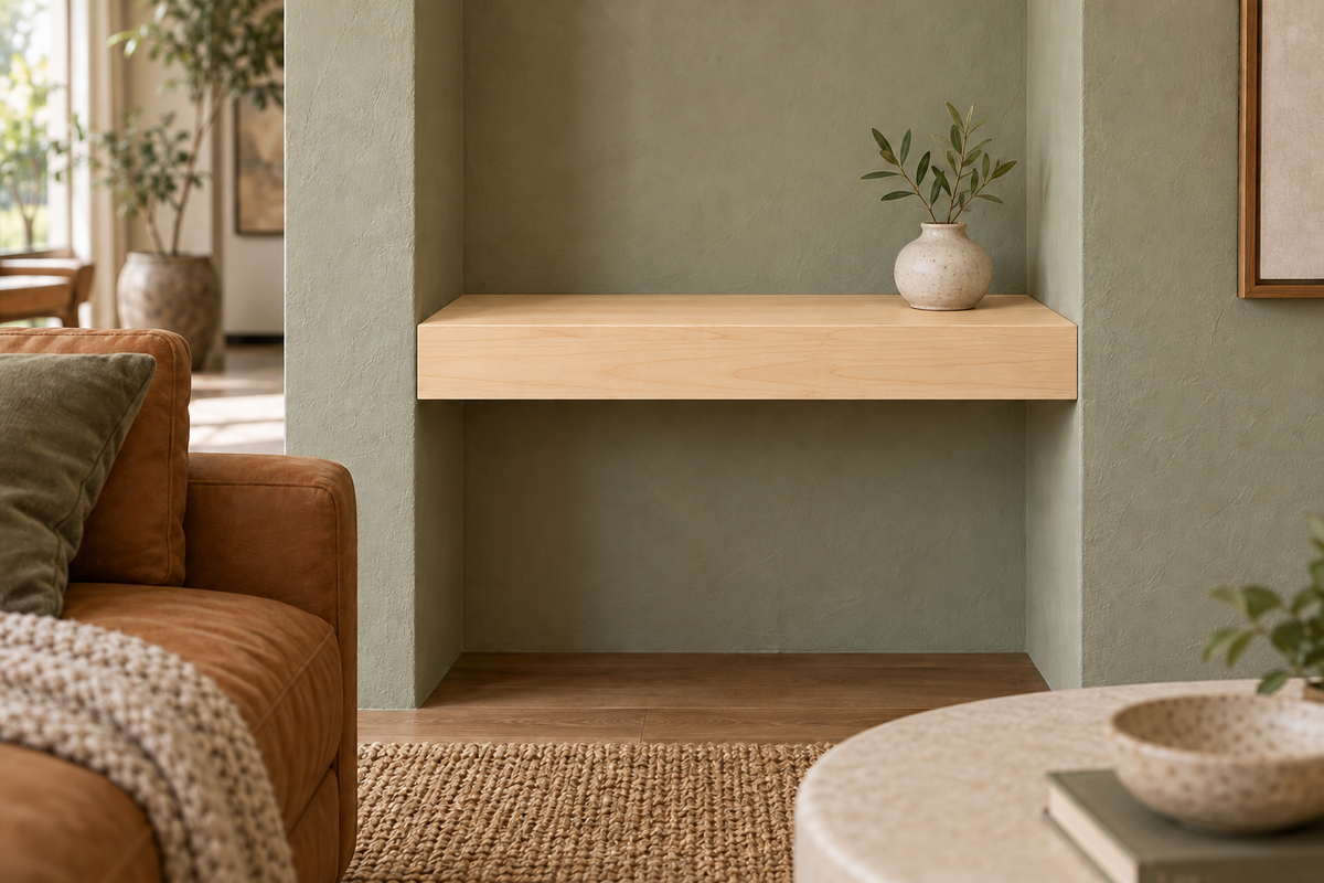 18-inch long, 3-inch thick natural maple floating shelf, wall-to-wall mount, unlit