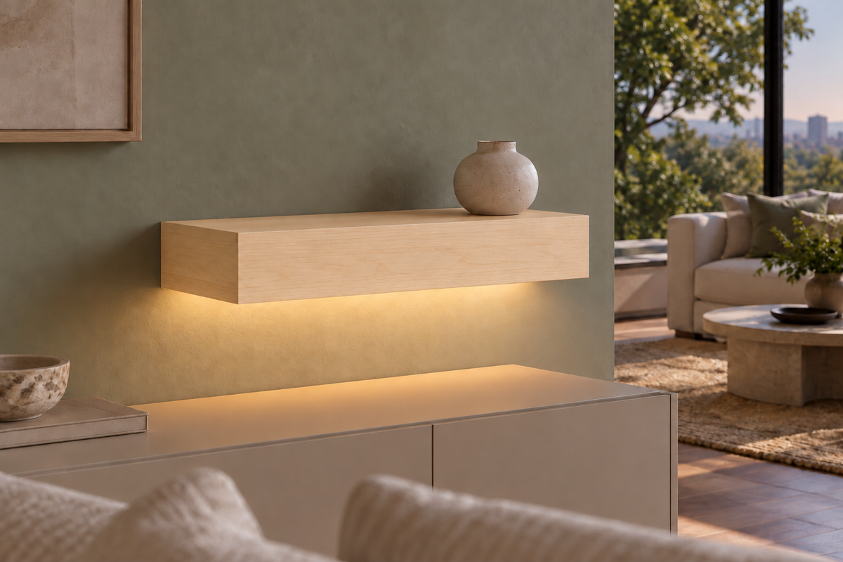 18-inch long, 4-inch thick natural maple floating shelf, standard mount, bottom front LED channel