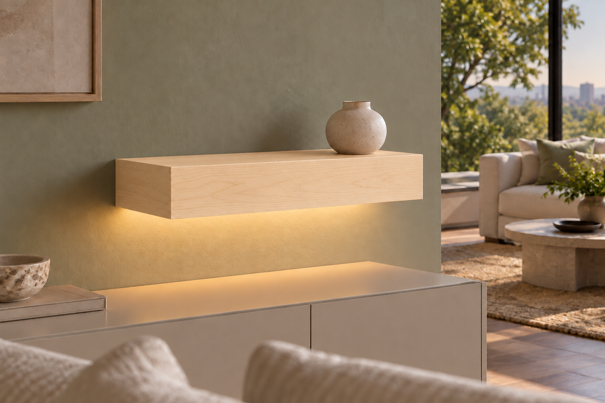 18-inch long, 4-inch thick natural maple floating shelf, standard mount, bottom rear LED channel