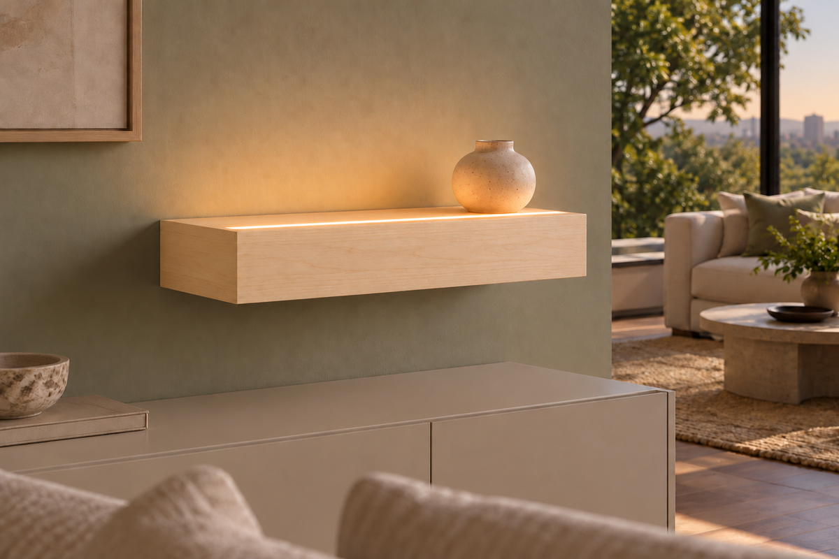 18-inch long, 4-inch thick natural maple floating shelf, standard mount, top front LED channel