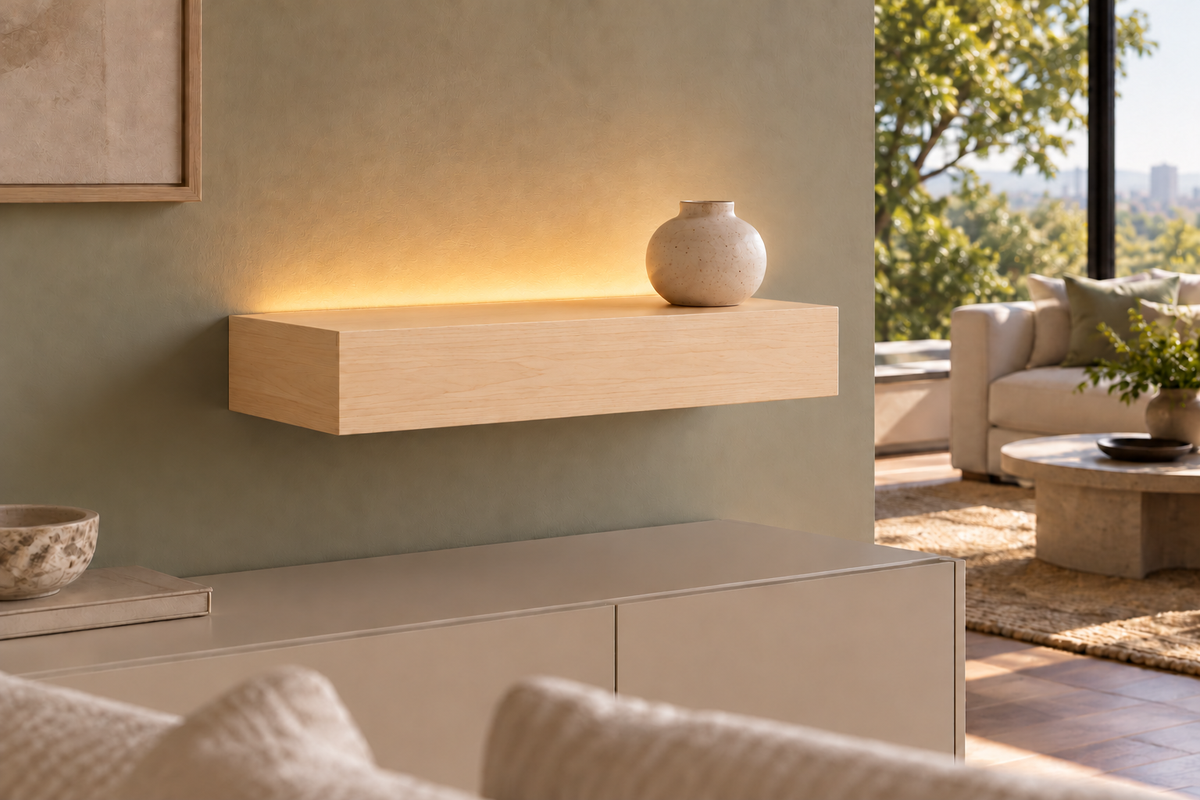 18-inch long, 4-inch thick natural maple floating shelf, standard mount, top rear LED channel