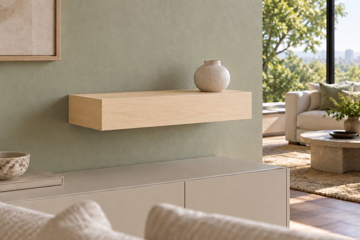 18-inch long, 4-inch thick natural maple floating shelf, standard mount, unlit