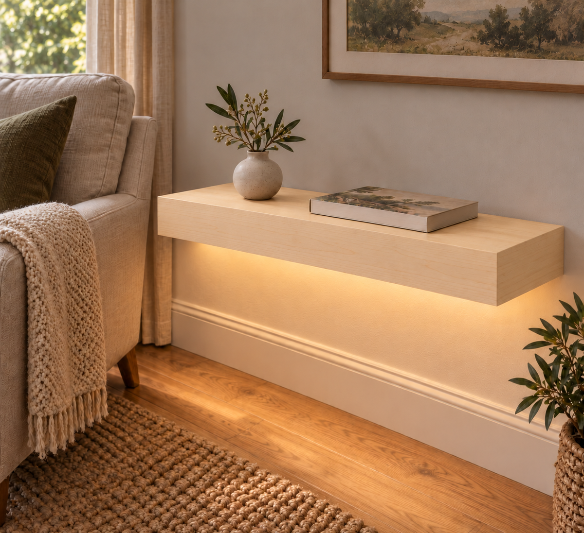 24-inch long, 3-inch thick natural maple floating shelf, standard mount, bottom front LED channel