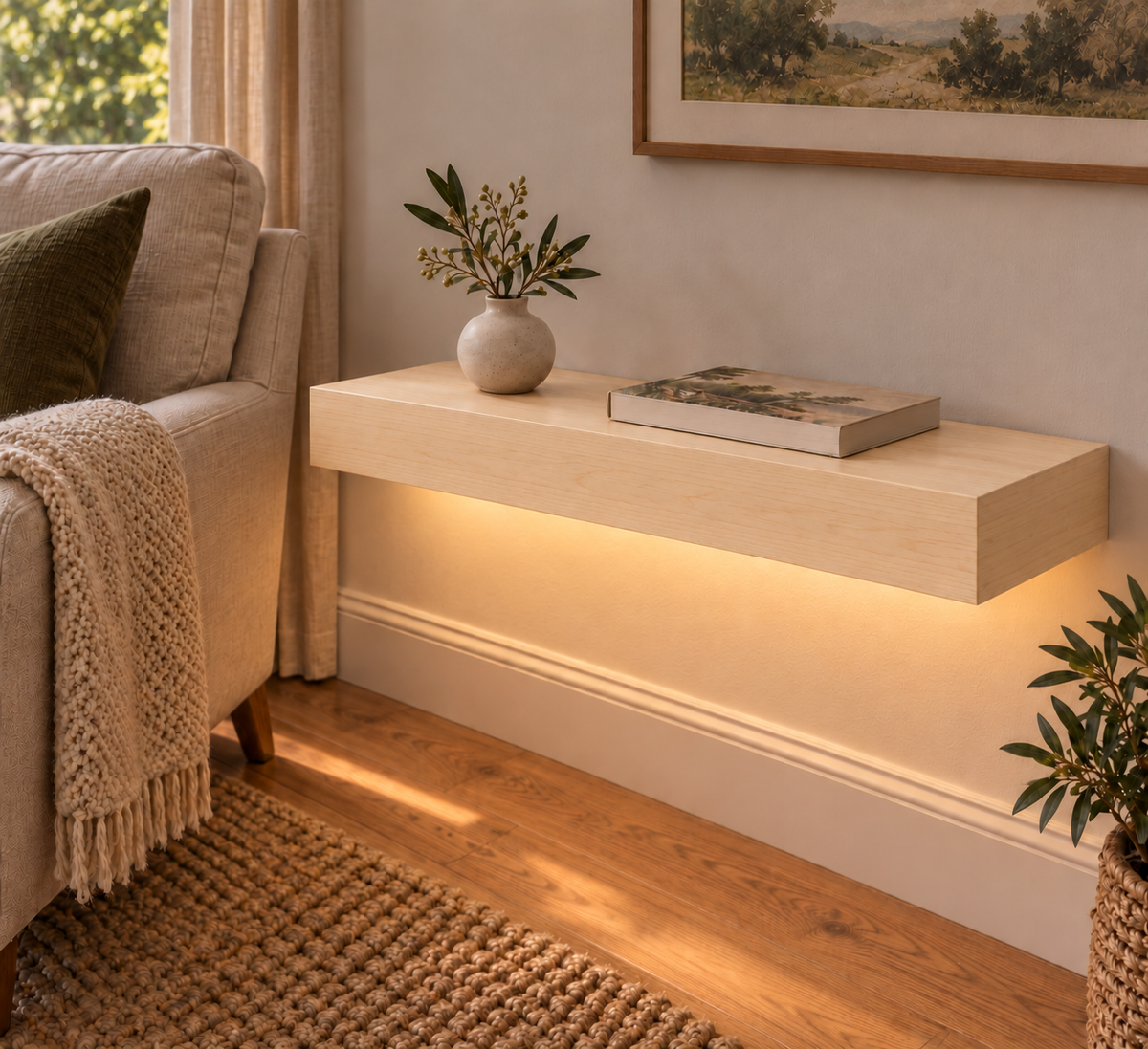 24-inch long, 3-inch thick natural maple floating shelf, standard mount, bottom rear LED channel