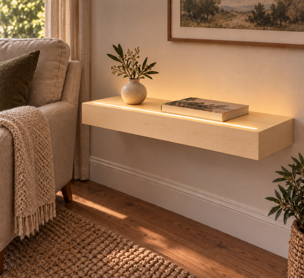 24-inch long, 3-inch thick natural maple floating shelf, standard mount, top front LED channel