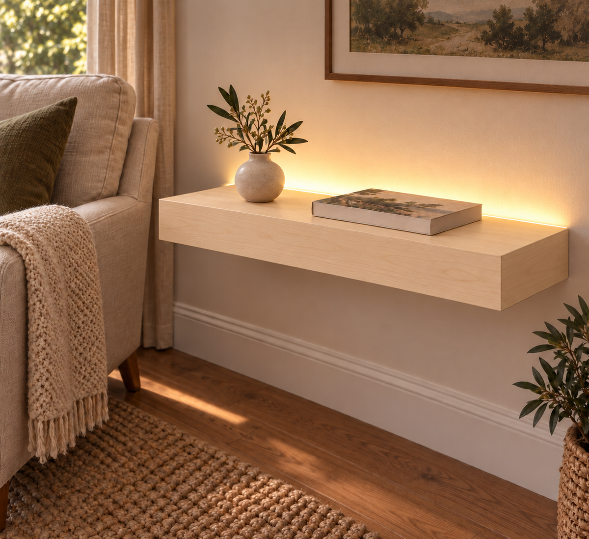 24-inch long, 3-inch thick natural maple floating shelf, standard mount, top rear LED channel