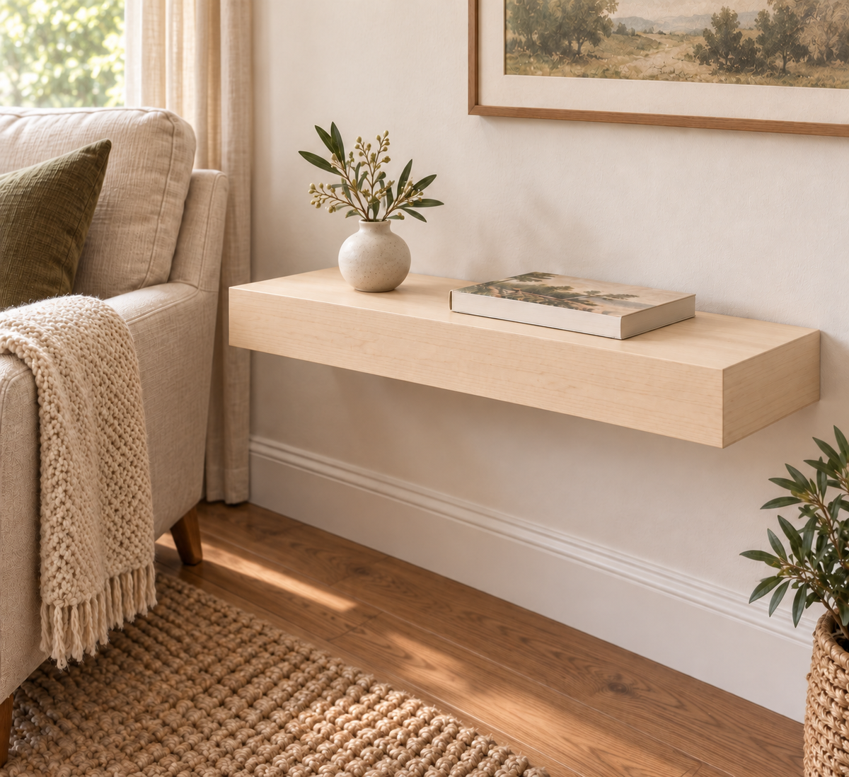 24-inch long, 3-inch thick natural maple floating shelf, standard mount, unlit
