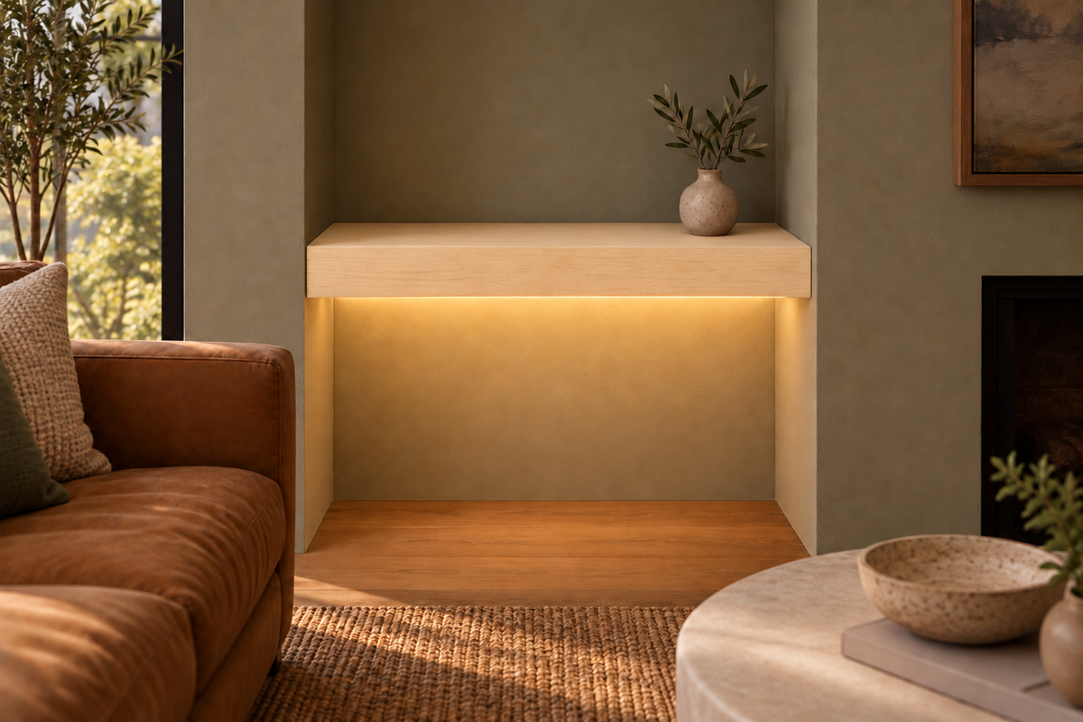24-inch long, 3-inch thick natural maple floating shelf, wall-to-wall mount, bottom front LED channel