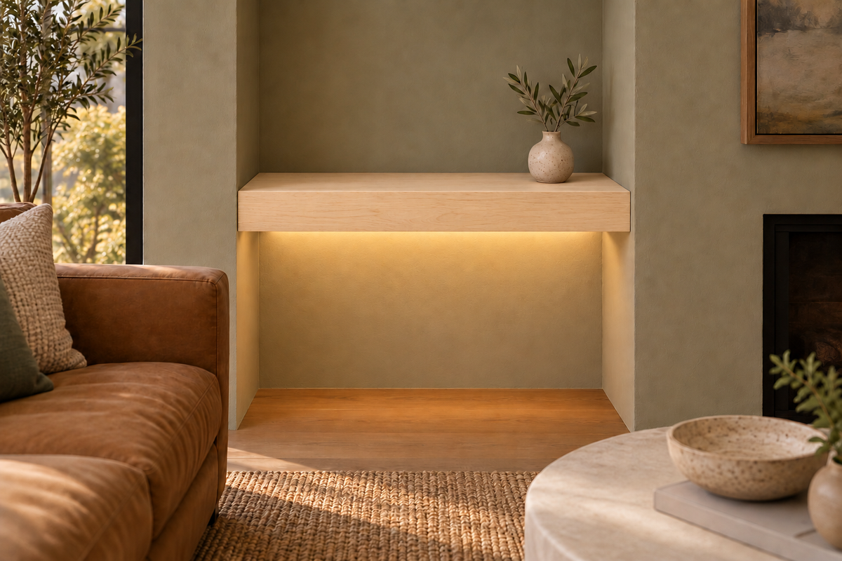 24-inch long, 3-inch thick natural maple floating shelf, wall-to-wall mount, bottom rear LED channel