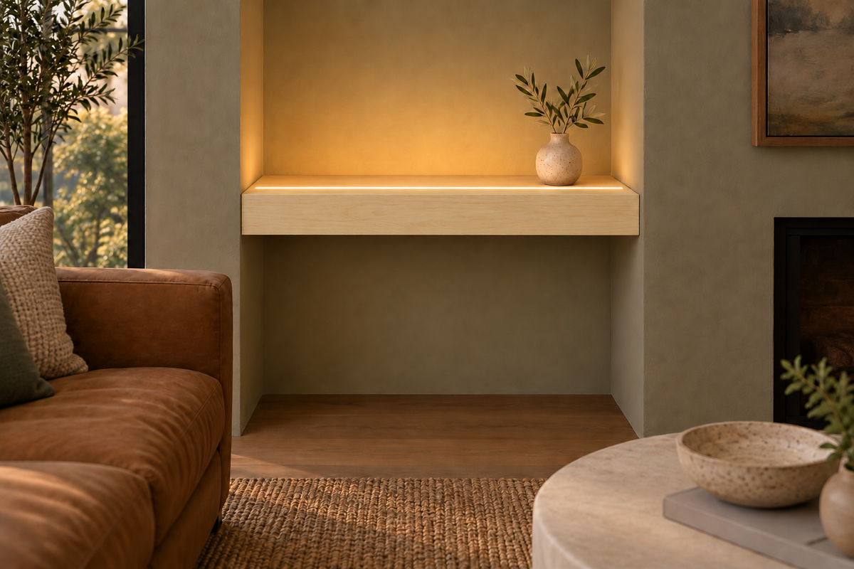 24-inch long, 3-inch thick natural maple floating shelf, wall-to-wall mount, top front LED channel