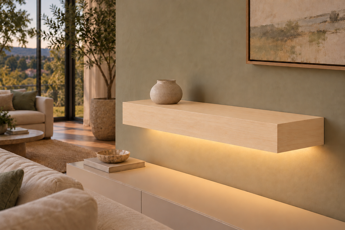 24-inch long, 4-inch thick natural maple floating shelf, standard mount, bottom rear LED channel