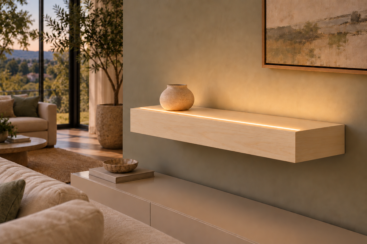 24-inch long, 4-inch thick natural maple floating shelf, standard mount, top front LED channel