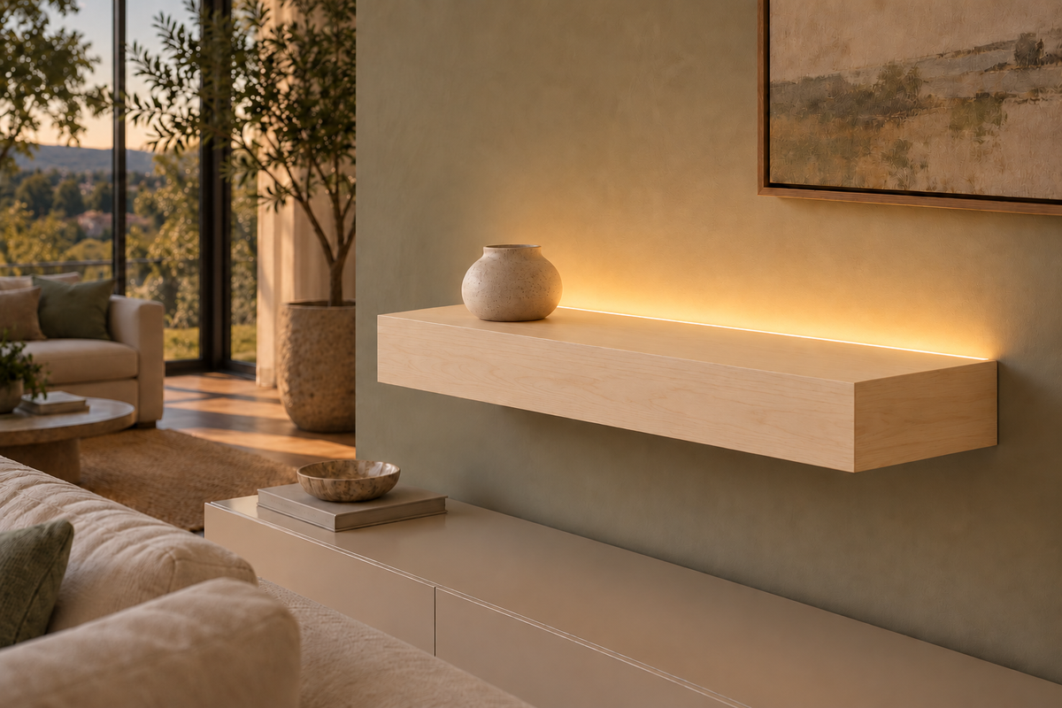 24-inch long, 4-inch thick natural maple floating shelf, standard mount, top rear LED channel