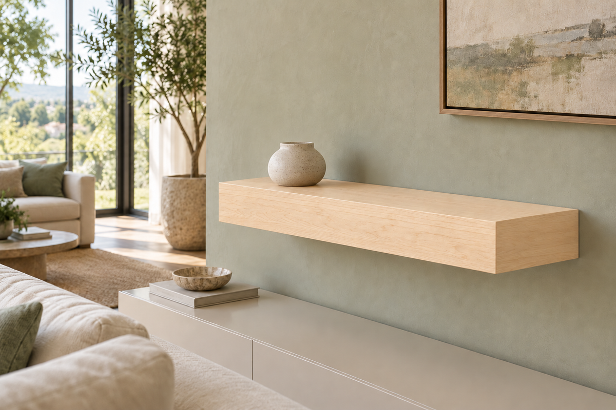 24-inch long, 4-inch thick natural maple floating shelf, standard mount, unlit