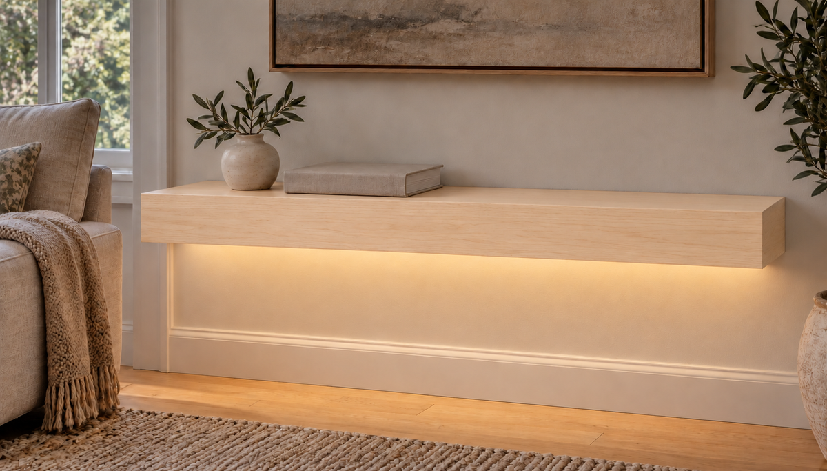 30-inch long, 3-inch thick natural maple floating shelf, standard mount, bottom front LED channel