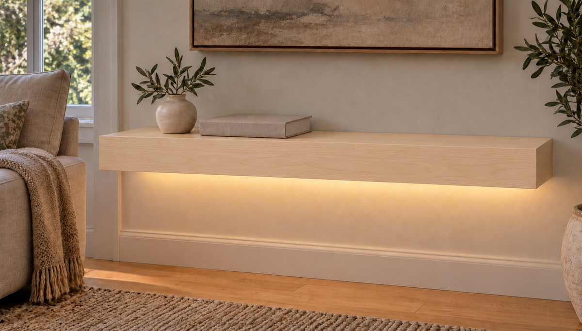 30-inch long, 3-inch thick natural maple floating shelf, standard mount, bottom rear LED channel