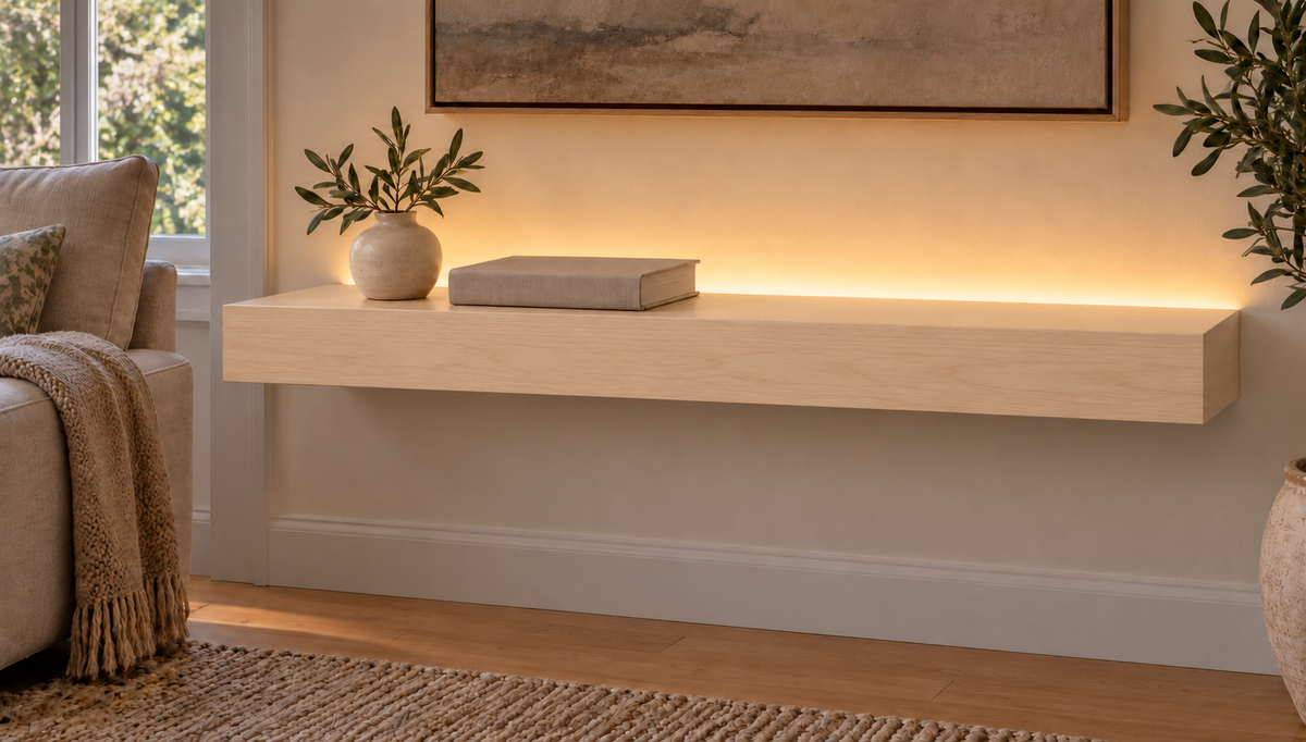 30-inch long, 3-inch thick natural maple floating shelf, standard mount, top rear LED channel