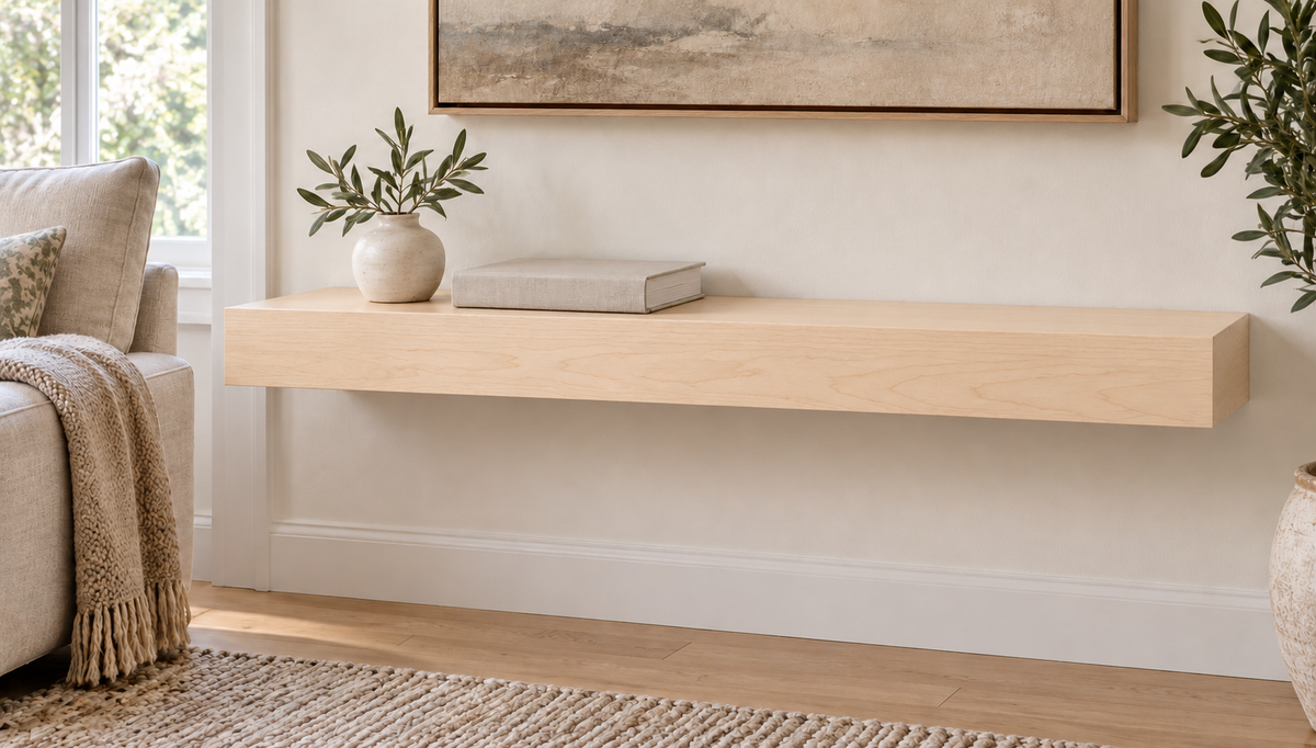 30-inch long, 3-inch thick natural maple floating shelf, standard mount, unlit