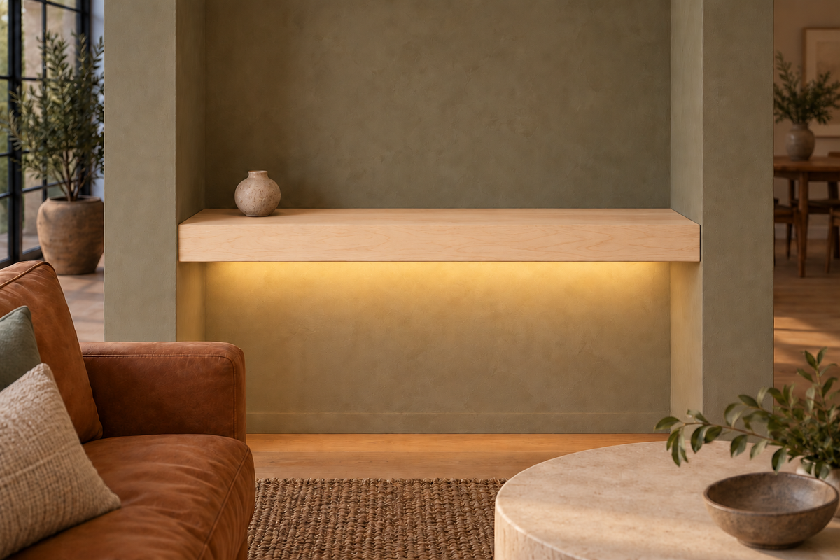 30-inch long, 3-inch thick natural maple floating shelf, wall-to-wall mount, bottom rear LED channel
