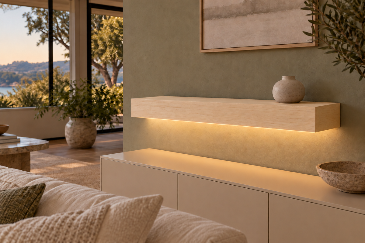 30-inch long, 4-inch thick natural maple floating shelf, standard mount, bottom front LED channel