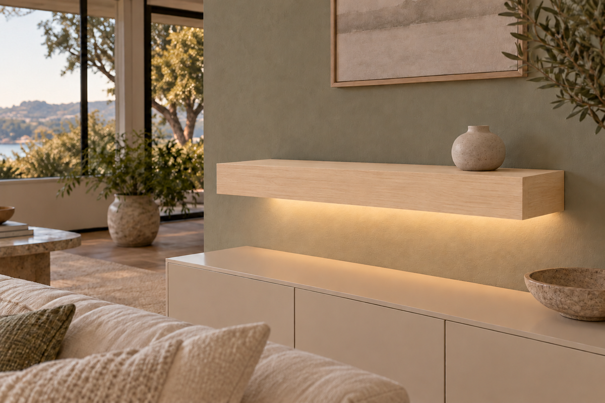 30-inch long, 4-inch thick natural maple floating shelf, standard mount, bottom rear LED channel