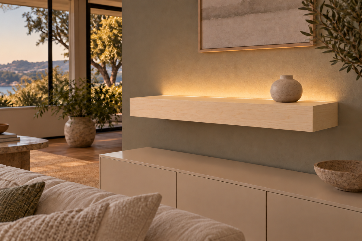 30-inch long, 4-inch thick natural maple floating shelf, standard mount, top rear LED channel