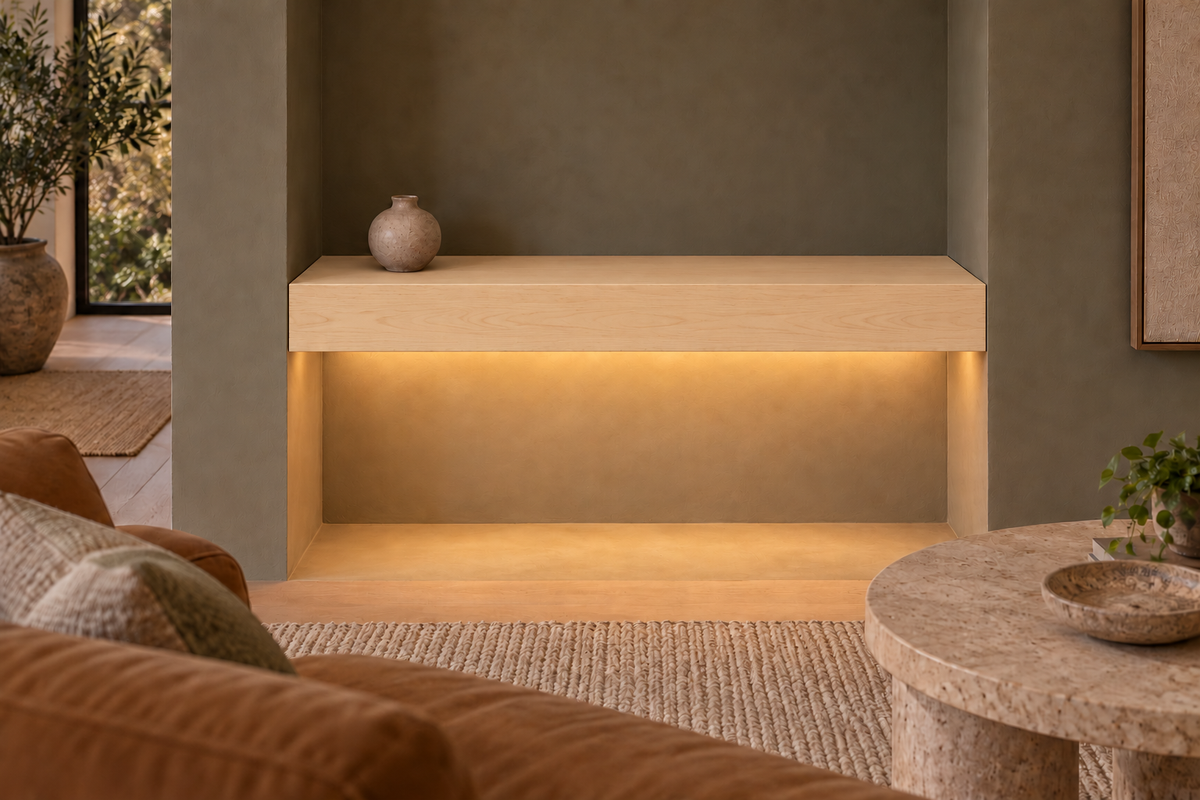 30-inch long, 4-inch thick natural maple floating shelf, wall-to-wall mount, bottom front LED channel