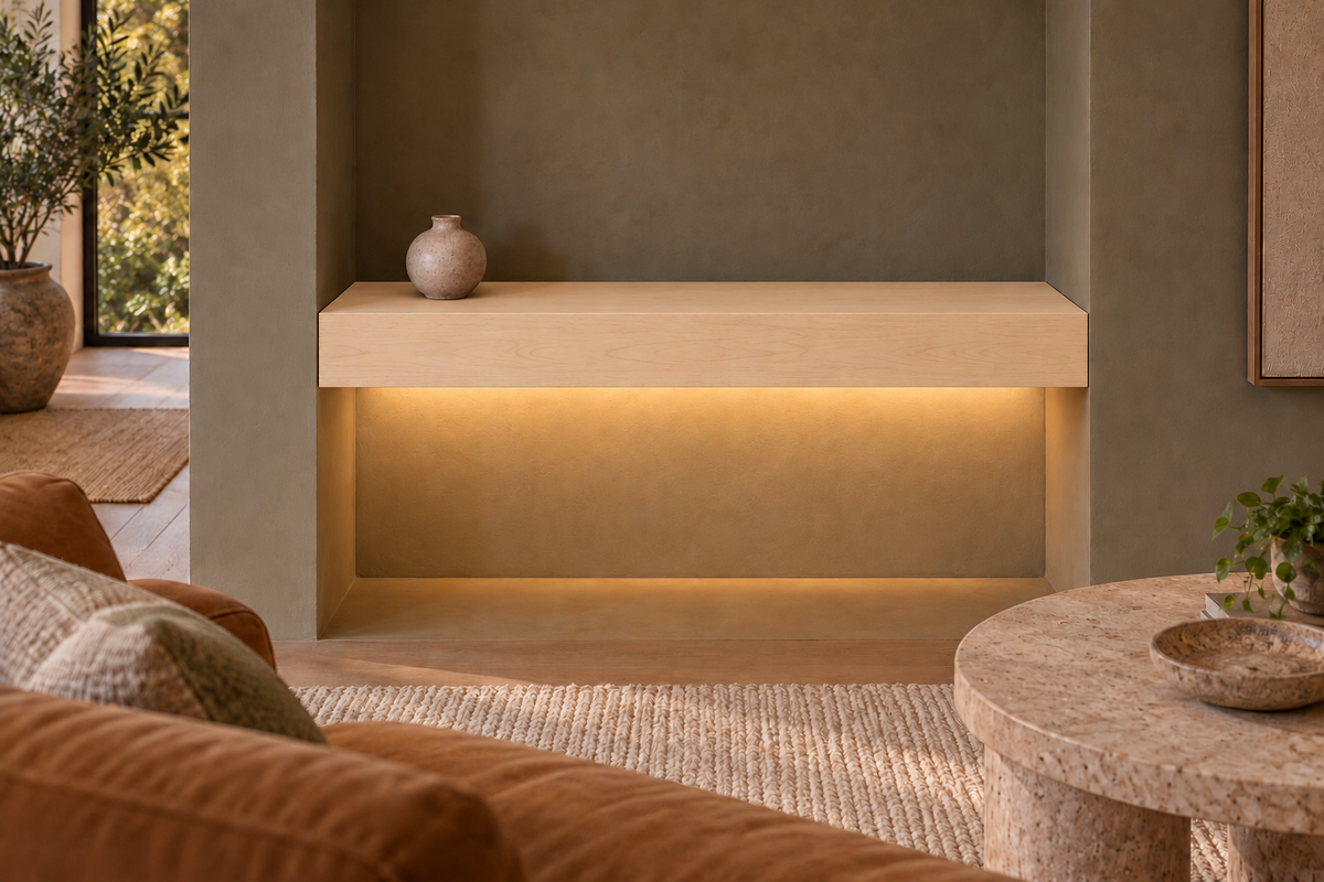 30-inch long, 4-inch thick natural maple floating shelf, wall-to-wall mount, bottom rear LED channel