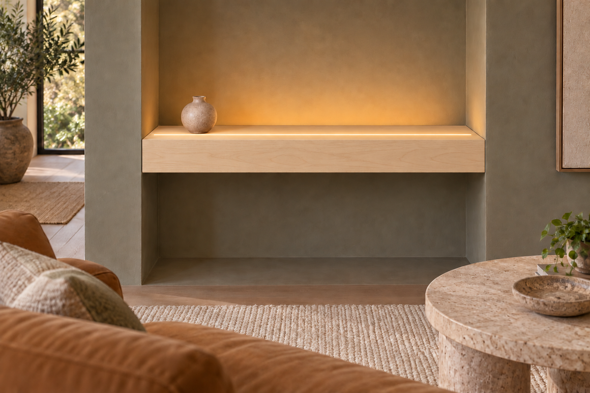 30-inch long, 4-inch thick natural maple floating shelf, wall-to-wall mount, top front LED channel