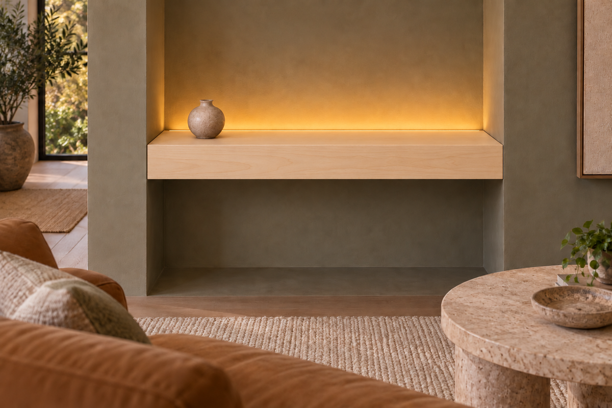 30-inch long, 4-inch thick natural maple floating shelf, wall-to-wall mount, top rear LED channel