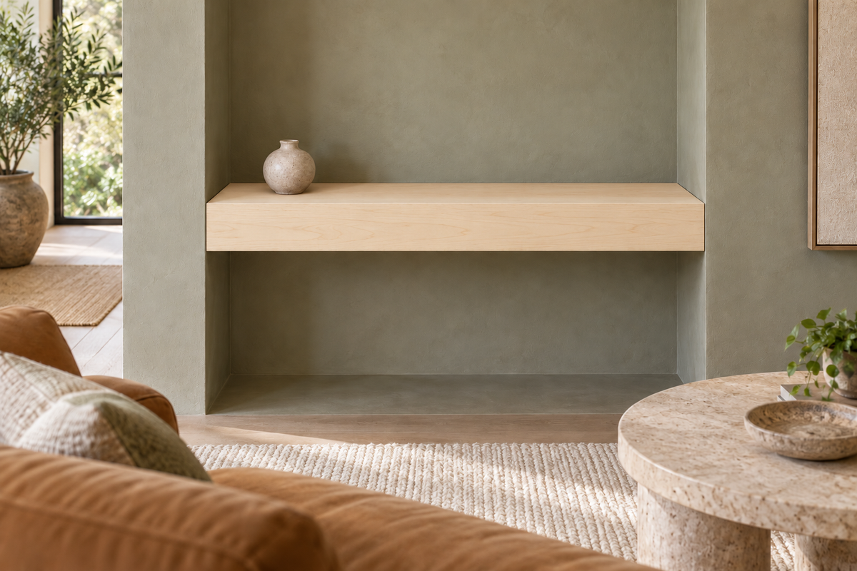 30-inch long, 4-inch thick natural maple floating shelf, wall-to-wall mount, unlit